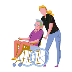 24-Stunden-Pflegekraft schiebt ältere Person auf Rollstuhl