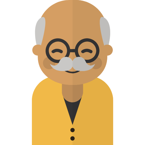 ein alter Mann in gelber Strickjacke mit Brille und Bart