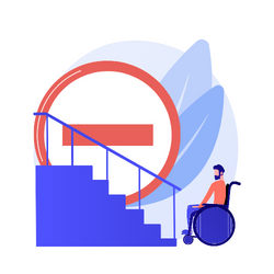 ein Rollstuhlfahrer steht am Fuß einer Treppe