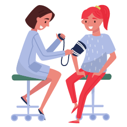 Eine junge Frau beim Blutdruckmessen mit einer Ärztin