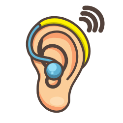 Ohr mit blau-gelbem Hörgerät