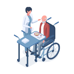 Pflegeperson versorgt alten Mann im Rollstuhl
