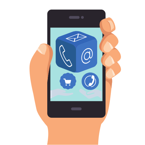 ein Handy mit verschiedenen blauen Symbolen wie email oder Anrufen und Warenkorb auf dem Display