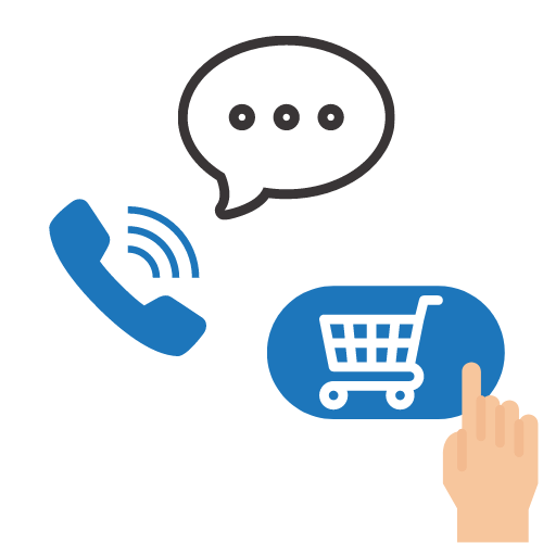 eine Hand klickt auf einen blauen Warenkorb, daneben ist ein blauer Telefonhörer mit Sprechblase