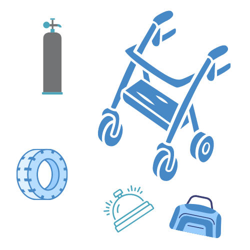 blauer Rollator mit verschiedenem Zubehör wir Rädern, Klingel, Tasche, Sauerstoffflasche
